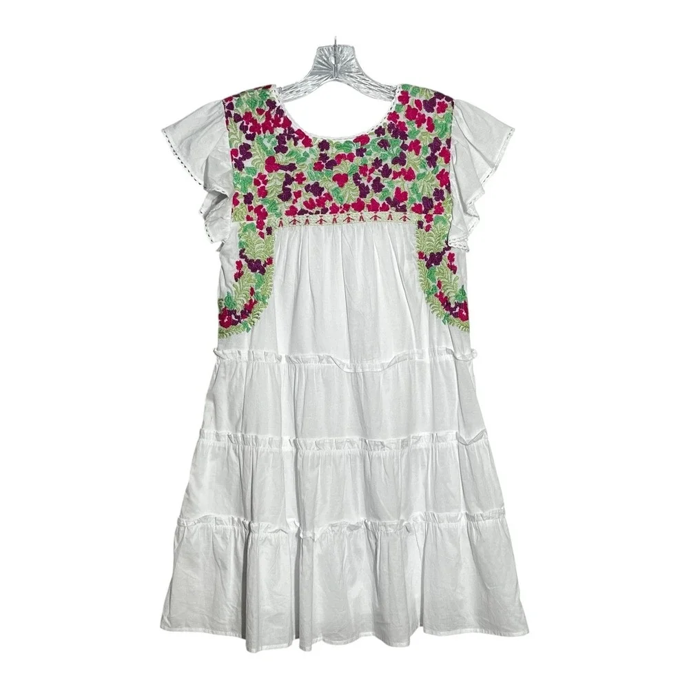 J. Marie White Embroidered Tiered Mini Dress XS‎ Womens Floral Casual
